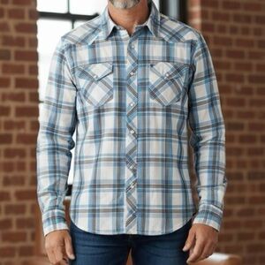 American Eagle Outfitters Mens M Retro Western Blue Brown Pearl Snap Plaid Shirt